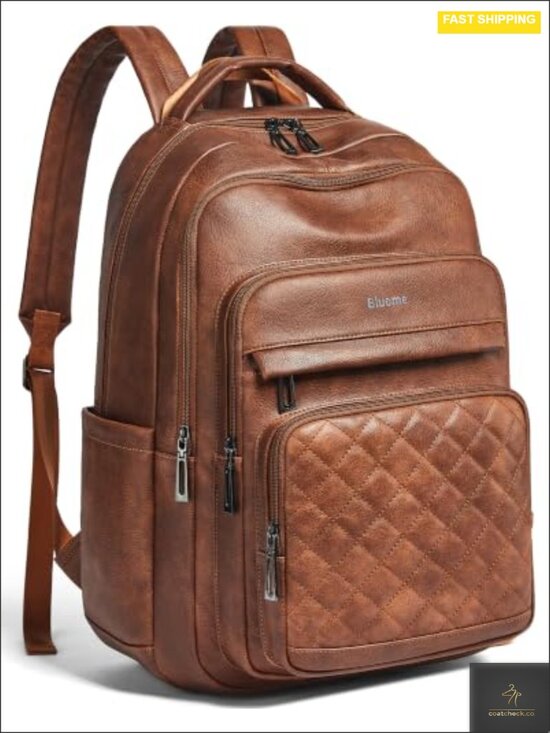 43L Laptop Backpack with 10 Pockets, Vegan Leather, Padded Straps for Work